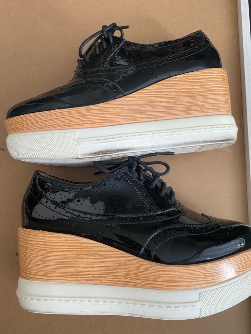 Black Patent Platform Wingtip Oxfords with Tan Stack size women's 37